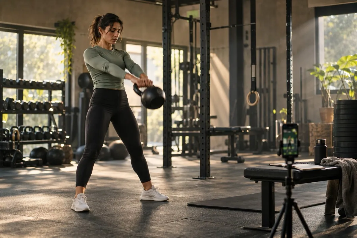 Coach grabando un vídeo de ejercicio con su móvil en el gimnasio